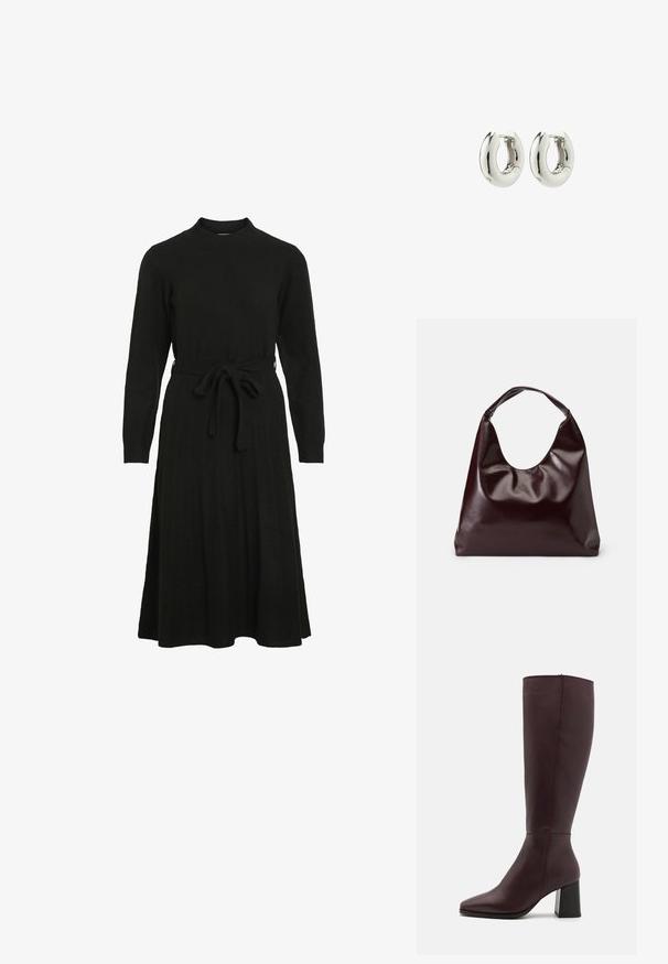 Zwarte gebreide jurk met een hoge halslijn, lange mouwen en een strikceintuur in de taille, met een uitlopende rok en ribbelstructuur.; Zign by Zalando LEATHER - Laarzen - bordeaux; Bordeaux, glanzende vegan leren totebag met een zachte, sculpturale vorm en een brede, gebogen handgreep voor makkelijk dragen.; Zilveren creolen met een glad, afgerond ontwerp en een glanzende afwerking. Voorzien van een eenvoudige scharnier sluiting voor gemakkelijk dragen.