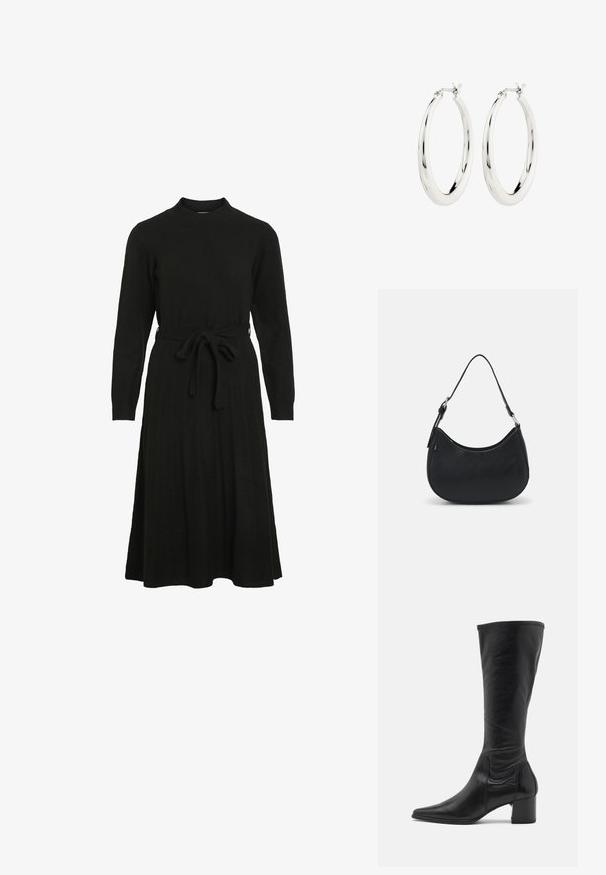 Schwarzes Strickkleid mit hohem Halsausschnitt, langen Ärmeln und einem Bindegürtel in der Taille, das einen ausgestellt Rock und eine gerippte Textur aufweist.; Schwarzlederne Stiefel bis zum Knie mit spitzer Zehe, minimalen Nahtdetails und einem klobigen, quadratischen Absatz. Glatte Textur mit glänzendem Finish.; Schwarze Hobo-Tasche aus glattem Leder mit einer geschwungenen Silhouette, ausgestattet mit einem einzelnen verstellbaren Trageriemen und minimalistischem Design.; Silberne Creolen mit einer glatten, glänzenden Oberfläche. Kreisform, ausgestattet mit einem sicheren Verschluss. Einfaches und elegantes Design.