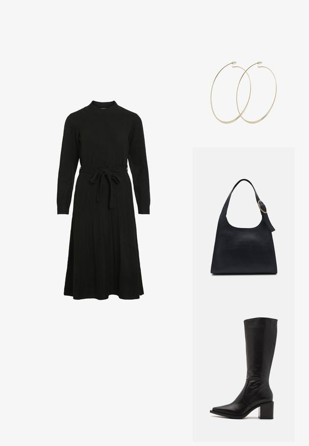 Zwarte gebreide jurk met een hoge halslijn, lange mouwen en een strikceintuur in de taille, met een uitlopende rok en ribbelstructuur.; Zign LEATHER - Laarzen - black; Zwarte leren tote bag met een gladde textuur, ronde vorm en een enkele schouderband met een ronde gouden hardware accent.; Pilgrim Oorbellen - gold-coloured