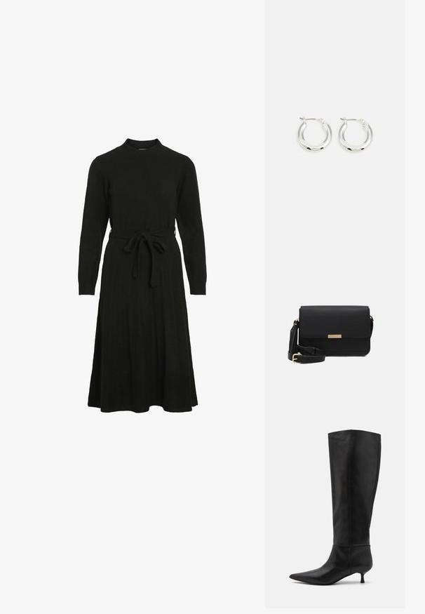 Schwarzes Strickkleid mit hohem Halsausschnitt, langen Ärmeln und einem Bindegürtel in der Taille, das einen ausgestellt Rock und eine gerippte Textur aufweist.; Knöchelhohe schwarze Lederstiefel mit einer spitz zulaufenden Zehenpartie und einem Kitten-Heel. Glatte Textur und minimalistisches Design ohne sichtbare Beschläge oder Akzente.; Schwarze Leder-Crossbody-Tasche mit Klappenverschluss, goldenen Beschlägen, verstellbarem Tragegurt und strukturiertem Material. Kompakte, rechteckige Form.; Silberne Creolen mit glänzender Oberfläche, die eine kreisrunde Form haben und mit einem schwenkbaren Verschluss ausgestattet sind. Glatte Textur mit minimalen Details.