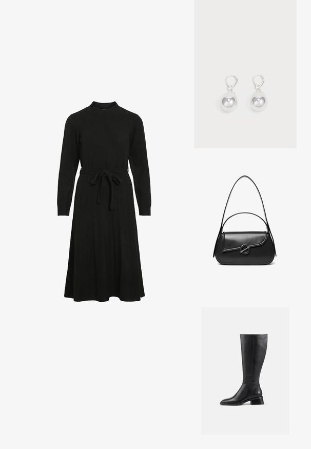 Robe noire en tricot avec un col haut, des manches longues et une ceinture à nouer à la taille, dotée d'une jupe évasée et d'une texture côtelée.; Bottillon en cuir noir hauteur genou avec un bout arrondi et un petit talon carré. Présente une texture lisse et des détails de couture minimaux.; Sac à bandoulière en cuir noir avec un rabat incurvé fermé par un fermoir métallique rond et une sangle fine et ajustable.; Boucles d'oreilles en argent en forme de goutte avec des surfaces lisses, rondes et réfléchissantes, suspendues à des fermoirs à ressort. L'arrière-plan est blanc uni.