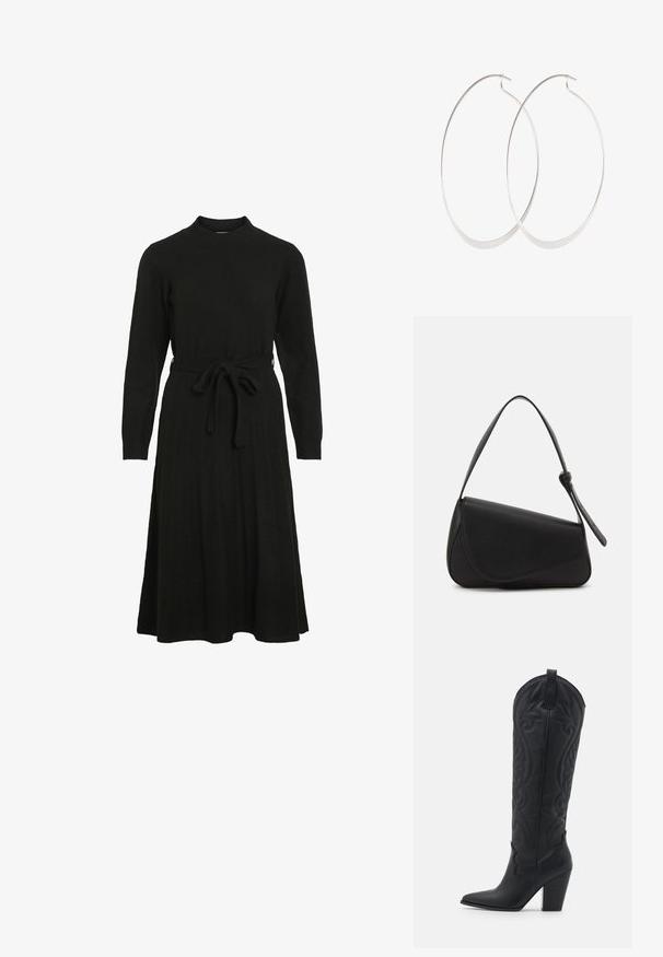 Robe noire en tricot avec un col haut, des manches longues et une ceinture à nouer à la taille, dotée d'une jupe évasée et d'une texture côtelée.; Zign by Zalando LEATHER - Bottes de cowboy / motard - black; Sac à main en cuir noir de forme triangulaire, avec un rabat incliné et une poignée supérieure arrondie. Il présente une texture lisse et des détails de design minimalistes.; Boucles d'oreilles en argent avec un design fin et lisse ; forme ovale allongée ; finition polie ; présente un fermoir à crochet sécurisé.