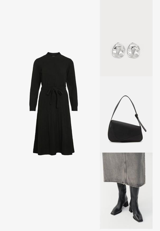 Robe noire en tricot avec un col haut, des manches longues et une ceinture à nouer à la taille, dotée d'une jupe évasée et d'une texture côtelée.; Bottes noires montantes en cuir lisse avec un bout carré et un talon bloc. Portées avec une jupe en denim grise à l'ourlet effiloché.; Sac à main en cuir noir de forme triangulaire, avec un rabat incliné et une poignée supérieure arrondie. Il présente une texture lisse et des détails de design minimalistes.; Boucles d'oreilles en forme abstraite argentées avec une finition poli, présentant des courbes lisses et des contours subtils. Pas de motifs ou d'accents visibles.