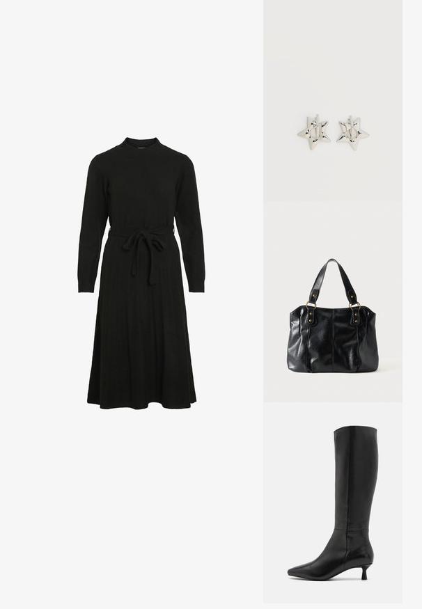 Zwarte gebreide jurk met een hoge halslijn, lange mouwen en een strikceintuur in de taille, met een uitlopende rok en ribbelstructuur.; Zign by Zalando Laarzen - black; Zwarte leren schoudertas met dubbele bandjes bevestigd met gouden ringen en klinknagels, glad en licht glanzend oppervlak, eenvoudig ontwerp.; Zilverkleurige stervormige oorringen met een gladde, gepolijste afwerking op een effen witte achtergrond.