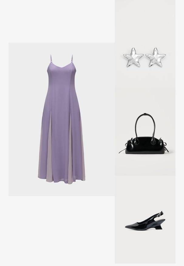 Robe maxi lavande sans manches avec fines bretelles réglables et jupe fluide et superposée avec des détails sur les panneaux latéraux.; Chaussure slingback en cuir verni noir avec bout pointu et petit talon bloc incliné sur fond clair uni.; Petit sac à main noir brillant avec deux longues anses et des détails à cordon sur les côtés sur un fond clair uni.; Boucles d'oreilles argentées en forme d'étoile, avec une surface lisse et brillante. Chaque boucle d'oreille possède cinq pointes et des détails subtils de texture de surface.