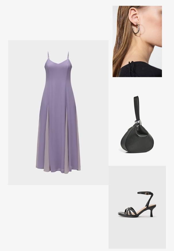 Robe maxi lavande sans manches avec fines bretelles réglables et jupe fluide et superposée avec des détails sur les panneaux latéraux.; Sandales à talons noirs avec plusieurs fines lanières sur le bout, une seule lanière à la cheville avec une boucle dorée, et un bout carré.; Sac bracelet en cuir noir avec une forme triangulaire douce et une large sangle attachée par une boucle en métal argenté.; Boucle d'oreille en argent avec une finition polie, présentant de petits détails en or et de forme ronde, portée sur le lobe.