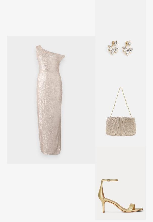 Knælang, one-shoulder kjole i lys beige med en tætsiddende silhuet, der har en paillet-tekstur og et strømlinet, lige design.; Guld højhælet sandal med tynd ankelrem og spænde, åben tå og slank hæl, vist fra siden på en hvid baggrund.; Plisseret metallic stof håndtaske med en gylden kædestrop, blød rektangulær form, lys beige farve, tekstureret overflade og samlede detaljer.; Marchesa Øreringe - gold-coloured