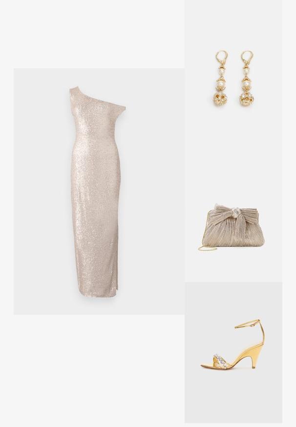 Knie-lange, one-shoulder jurk in lichtbeige met een getailleerd silhouet, voorzien van een paillettenstructuur en een slanke, rechte ontwerp.; Gouden sandalen met hakken en een gestructureerd ontwerp, met een band versierd met steentjes. Open teen, verstelbare enkelriem en een taps toelopende hak.; Metalen gouden clutch tas van geplooid stof, met een strikdetail aan de bovenkant en een gouden kettingband voor veelzijdigheid en gemakkelijk dragen.; Goudkleurige oorbellen met parelaccenten, voorzien van een sierlijk floral ontwerp en versierd met sprankelende stenen. Met een clip-on sluiting.