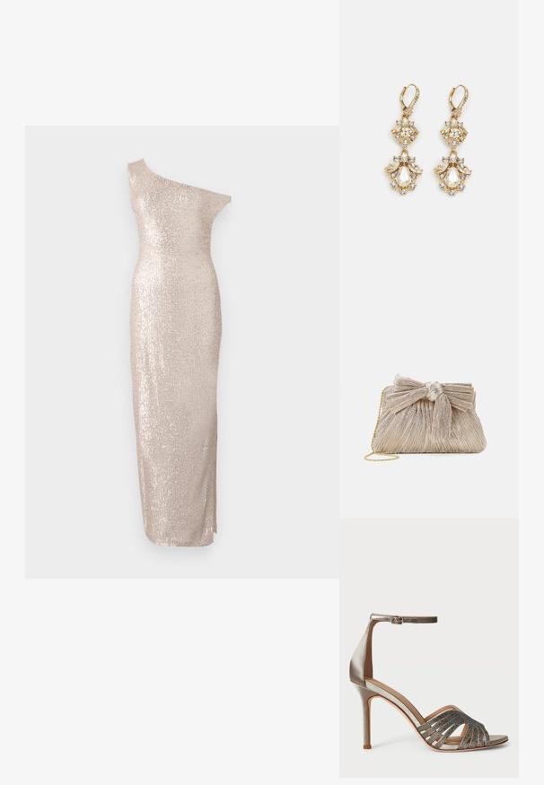 Robe à une épaule, arrivant au genou, de couleur beige clair avec une silhouette ajustée, présentant une texture pailletée et un design lisse et droit.; Sandale à talons hauts en satin argenté avec une bride à la cheville, design découpé, orné d'accents scintillants sur la zone des orteils, et un talon aiguille.; Pochette en or métallisé avec tissu plissé, dotée d'un nœud en haut et d'une bandoulière en chaîne dorée pour une polyvalence et une facilité de transport.; Boucles d'oreilles pendantes dorées présentant un design en grappe avec des cristaux clairs ronds et en forme de goutte, mettant en valeur des détails élaborés.