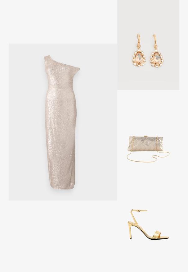 Knælang, one-shoulder kjole i lys beige med en tætsiddende silhuet, der har en paillet-tekstur og et strømlinet, lige design.; Guld, faux-krokodilleder højhælede sandaler med ankelrem, åben tå, slank stiletto hæl og en glat, blank finish.; Next WEAVE - Clutches - rose gold-coloured; Guld øreringe med kroge med store pæreformede ferskensten omgivet af små klare krystaller på en ensfarvet hvid baggrund.