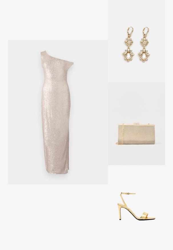 Vestido de longitud hasta la rodilla, de un solo hombro, en color beige claro con una silueta ajustada, que presenta una textura de lentejuelas y un diseño recto y elegante.; Sandalias de tacón alto de charol dorado con efecto piel de cocodrilo, con una correa en el tobillo, punta abierta, tacón de aguja delgado y un acabado liso y brillante.; Bolso de mano metálico dorado con textura de malla, forma rectangular estructurada, cierre dorado y correa de cadena desmontable para versatilidad.; Pendientes colgantes en tono dorado con un diseño de racimo que incluye cristales claros en forma redonda y de lágrima, mostrando un detallado intrincado.
