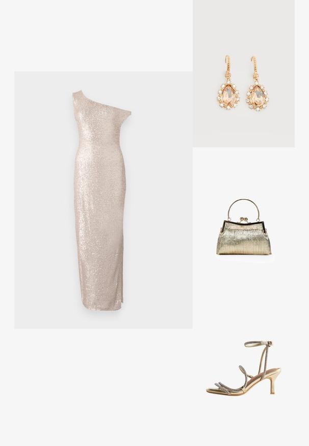 Vestido de longitud hasta la rodilla, de un solo hombro, en color beige claro con una silueta ajustada, que presenta una textura de lentejuelas y un diseño recto y elegante.; Sandalia dorada de tacón alto con tiras finas adornadas con rhinestones alrededor de los dedos y el tobillo, y un pequeño cierre de hebilla.; Bosanova Bolso de mano - oro; Pendientes de gancho dorados con grandes piedras en forma de lágrima color melocotón, rodeadas de pequeños cristales transparentes sobre un fondo blanco liso.
