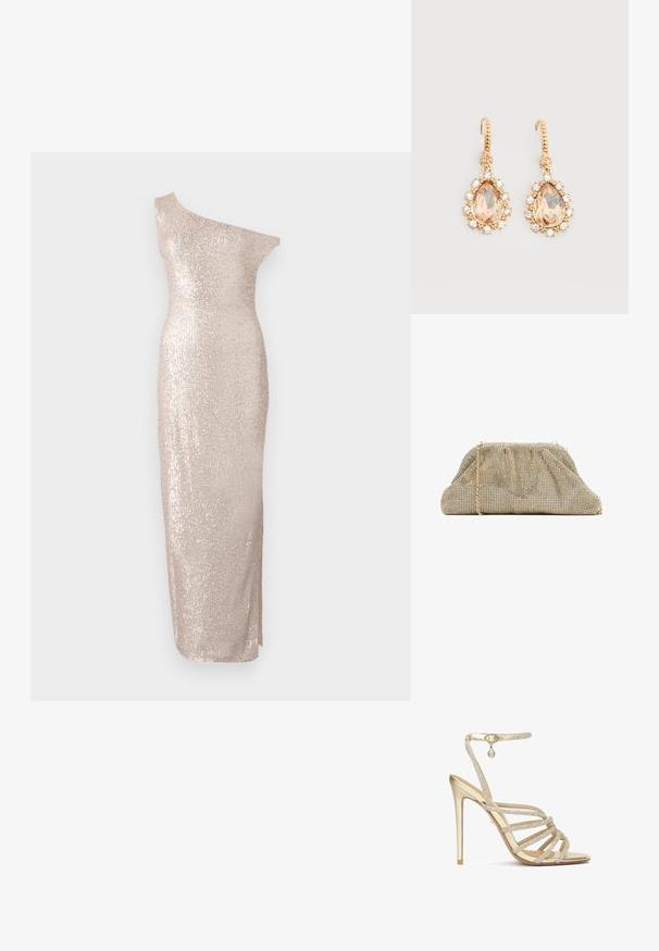Knælang, one-shoulder kjole i lys beige med en tætsiddende silhuet, der har en paillet-tekstur og et strømlinet, lige design.; Guld højhælede sandaler med flere krystalbesatte stropper og en ankelrem, med en glat metallisk finish og en spids tå.; Metalisk guldnettaske med samlet top og kæderem. Har et mønster af små skinnende elementer i et gitter og en struktureret form.; Guld øreringe med kroge med store pæreformede ferskensten omgivet af små klare krystaller på en ensfarvet hvid baggrund.