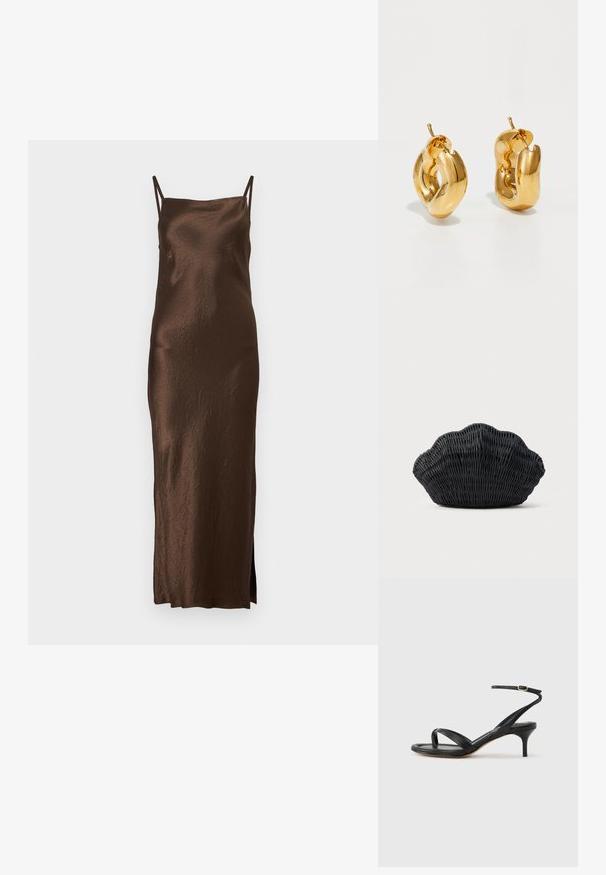Braunes Satin-Maxikleid mit dünnen, verstellbaren Trägern, taillierter Silhouette und seitlichem Schlitz; verfügt über eine zerknitterte Textur für zusätzlichen Ausdruck.; Schwarze Ledersandale für Damen mit dünnen Riemchen, einer Zehenlasche, einer Knöchelschnalle und einem mittelhohen Stöckelabsatz vor neutralem Hintergrund.; Schwarze Korbtasche in Muschelform mit gebogenem Oberteil und gewebter Textur auf einfarbigem Hintergrund.; Fette goldene Creolen mit einem leicht verdrehten, röhrenförmigen Design und Steckverschlüssen auf einem weißen Hintergrund.
