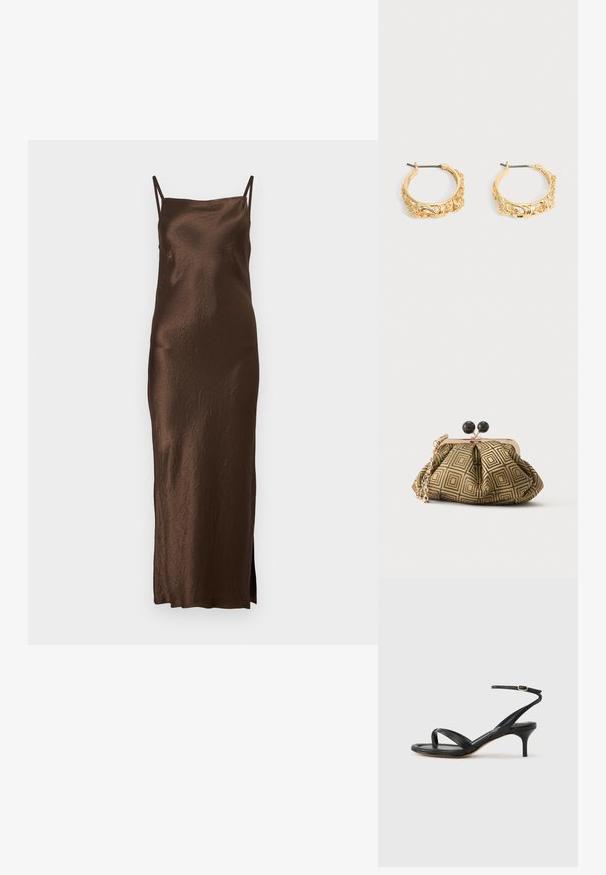 Robe maxi en satin marron avec des bretelles fines réglables, une silhouette ajustée et une fente latérale ; arbore une texture froissée pour plus de dimension.; Sandale pour femme en cuir noir avec fines lanières, une boucle d'orteil, une boucle à la cheville et un talon aiguille de hauteur moyenne sur un fond neutre.; Petite pochette avec motif géométrique doré et noir, cadre en métal doré, fermeture à boule noire et une courte chaîne dorée.; Paire de boucles d’oreilles créoles couleur or avec embossage floral et feuillage orné sur un fond neutre.