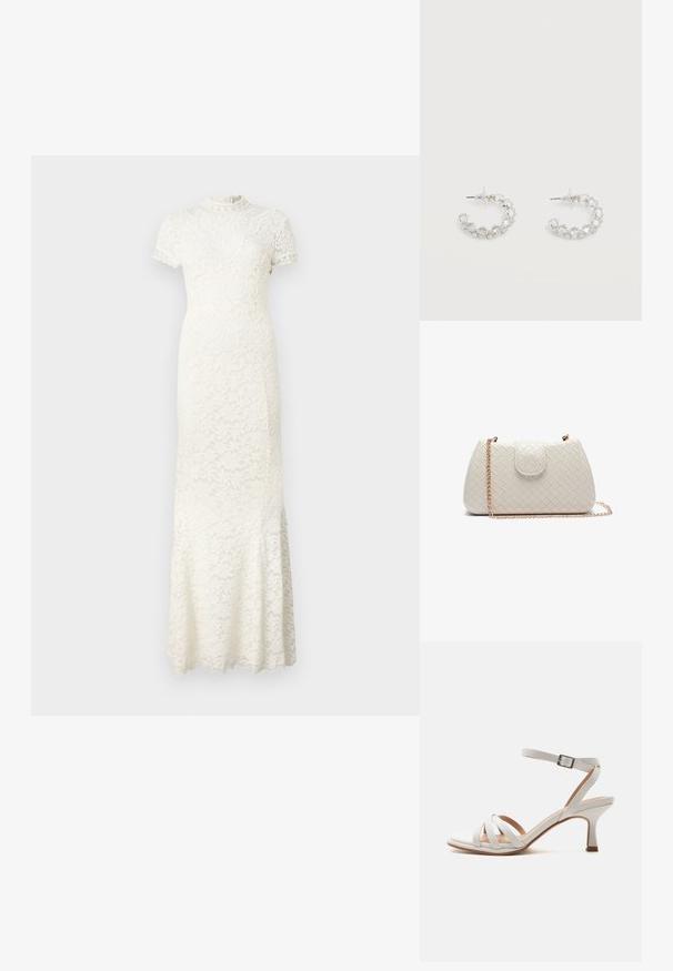 Vestido de encaje en marfil, con mangas cortas, un escote alto y patrones florales intrincados. Dobladillo acampanado con bordes en forma de ondas.; Sandalia blanca de tacón medio con tres tiras delanteras, una correa en el tobillo con hebilla plateada y un tacón ligeramente curvado sobre un fondo liso.; Bolso de mano tejido blanco con forma redondeada, que cuenta con una solapa plegable y una correa de cadena dorada. Hecho de material sintético suave.; Pendientes de aro plateados incrustados con cristales facetados transparentes, con cierre de poste y tapones auriculares transparentes sobre un fondo blanco.