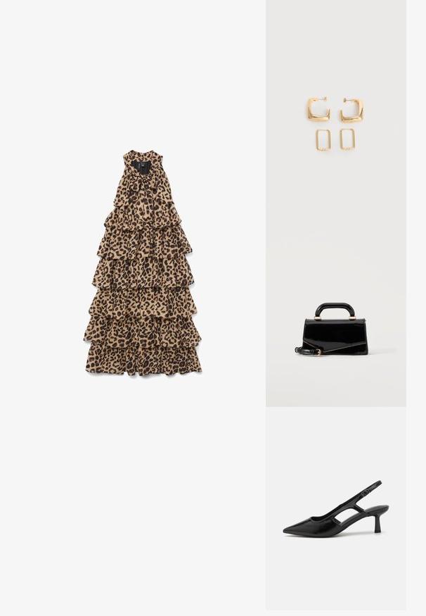 Varrukateta kihiline maxi kleit leopardimustriga ja lipsuga kaelusel, lamamas valgel taustal.; Mustad musta värvi slingback kontsakingad terava ninaga, valmistatud läikivast materjalist, millel on lõikeaktsendid ja mõõdukas konts toestamise jaoks.; Must läikiv ristkülikukujuline käekott ülemise sangaga, kuldsete detailide ja eemaldatava rihmaga, paigutatud lihtsale heledale taustale.; Kaks paari kuldse tooniga geomeetrilisi rõngaskõrvarõngaid lihtsal valgel pinnal, üks paar ruudukujuline ja massiivne, teine paar ristkülikukujuline ja õõnes.