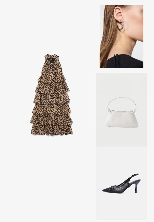 Vestido largo sin mangas con capas y estampado de leopardo, con un lazo atado en el escote, colocado sobre un fondo blanco.; Zapato de tacón alto slingback negro de punta fina con patrón de panal de malla y pequeño lazo decorativo en la parte frontal.; Bolso de mano de cuero blanco tejido con asa redondeada y extremos de la correa anudados, exhibido sobre un fondo liso.; Pendiente de aro de plata con un acabado pulido, que presenta pequeños detalles en dorado y una forma redonda, llevado en el lóbulo.