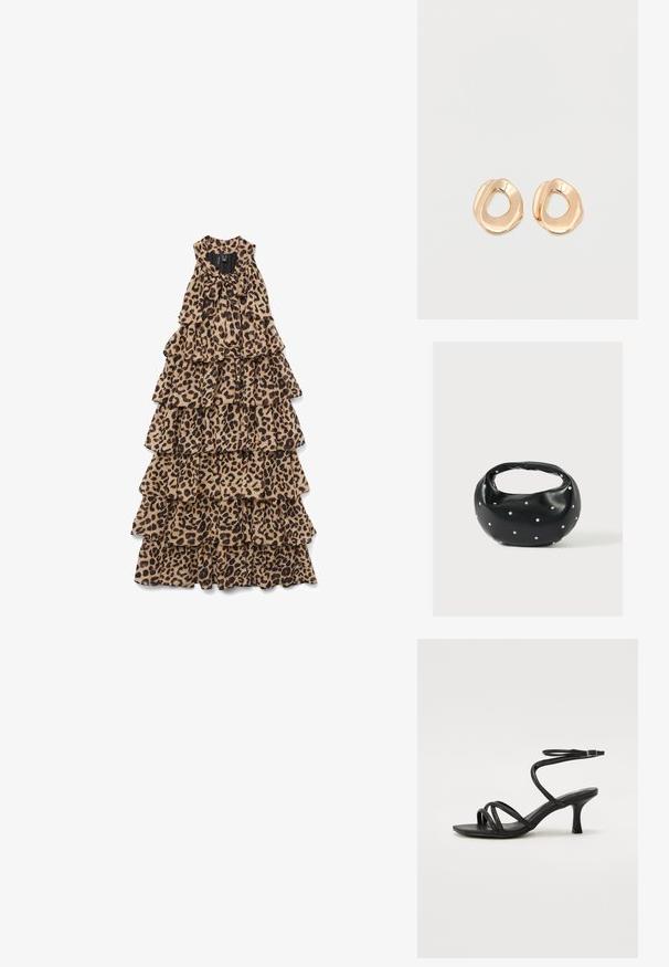 Vestido largo sin mangas con capas y estampado de leopardo, con un lazo atado en el escote, colocado sobre un fondo blanco.; Even&Odd Wide Fit by Zalando Sandalias - black; Bolso de mano de cuero negro con forma redondeada, decorado con detalles de tachuelas plateadas y un asa corta. Textura lisa y cierre con cremallera.; Par de pendientes de aro de metal en tono dorado pulido, de forma irregular y con centro abierto, sobre un fondo blanco liso.