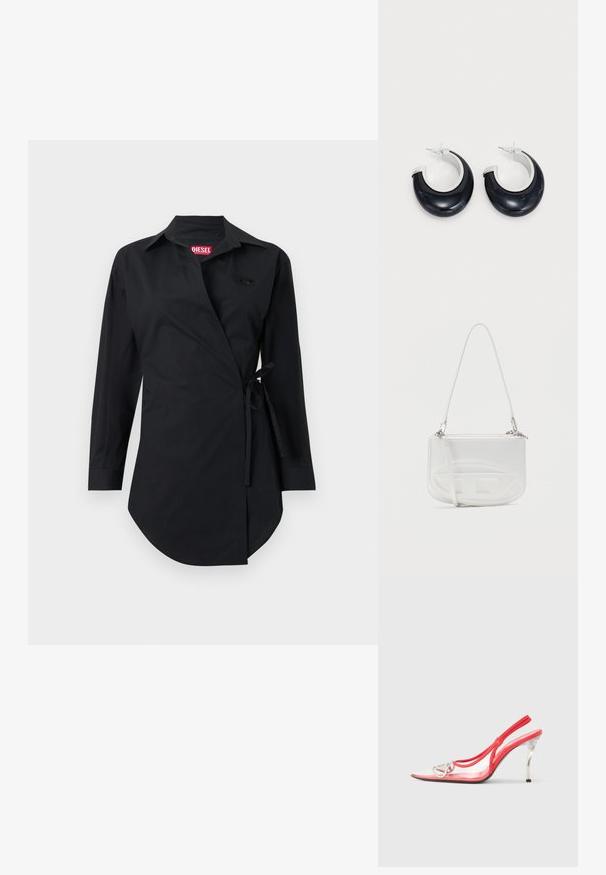 Chemise portefeuille noire avec manches longues, col pointu, fermeture à nouer sur le côté, et logo embossé sur la poche poitrine. Tissu lisse et léger.; Escarpins rouges à bride arrière avec tige transparente, bout pointu et talon stiletto métallique. Bride ajustable avec accent de logo.; Sac d'épaule en cuir blanc avec un design incurvé, fermeture éclair, ferrures argentées et motif embossé à l'avant. Bandoulière réglable incluse.; Boucles d'oreilles en résine noire avec une finition brillante et des accents en métal argenté. Forme circulaire avec une découpe et une fermeture à tige.