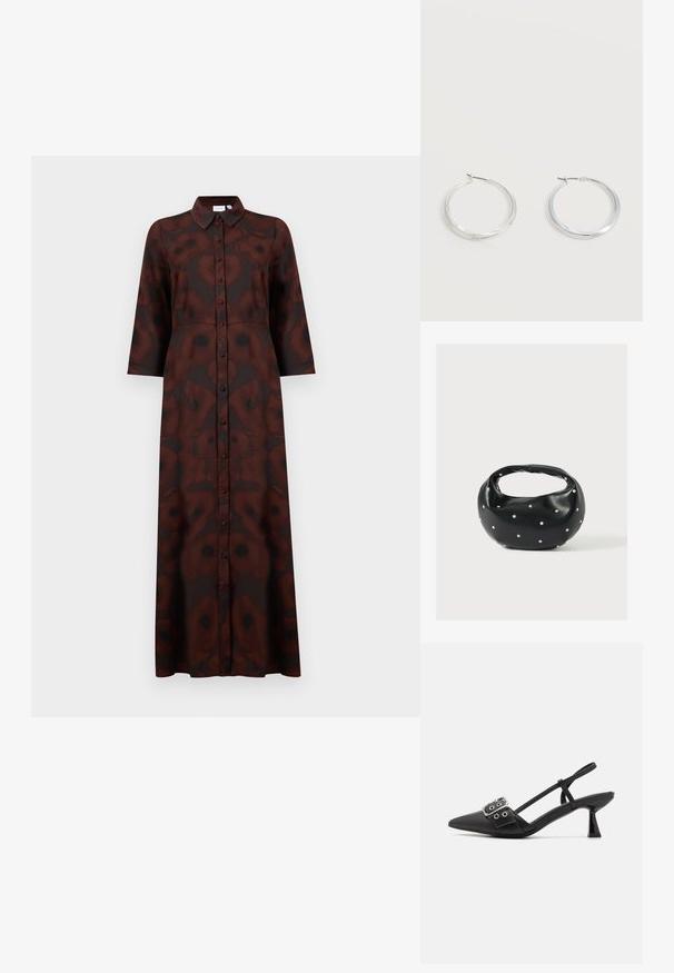 Robe longue à boutons avec un motif floral abstrait marron foncé et noir, manches longues et col pointu.; Simmi London DALA - Escarpins - black; Sac à main en cuir noir de forme arrondie, décoré de clous argentés et équipé d'une poignée courte. Texture lisse et fermeture éclair.; Boucles d’oreilles créoles en métal argenté avec une surface lisse légèrement incurvée et des fermoirs à clapet sur un fond blanc uni.