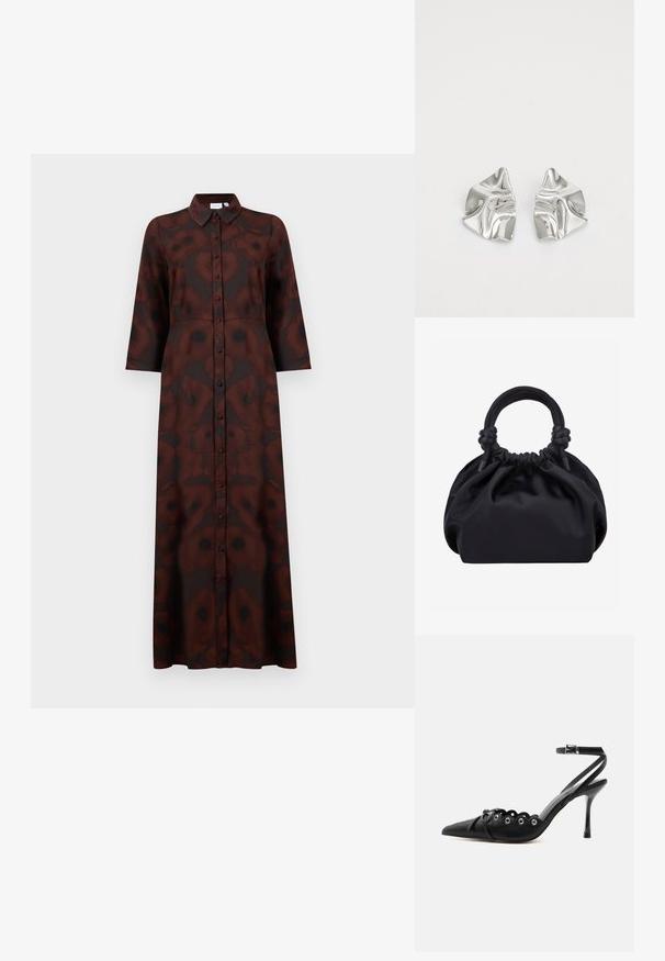 Lange knielange jurk met een abstract floral patroon in donkerbruin en zwart, lange mouwen en een puntige kraag.; Zwarte pumps met hoge hak en spitse neus, gegolfde randen, metalen oogjes, vetergespsluiting aan de voorzijde en enkelriem met gespsluiting.; Zwarte zachte stoffen handtas met geplooide bovenkant en ronde gewatteerde handvatten, vastgeknoopt aan elke kant.; Zilveren metalen oorbellen met een golvend, sculpturaal ontwerp, voorzien van een gepolijste afwerking en onregelmatige vormen, die een hedendaagse esthetiek benadrukken.