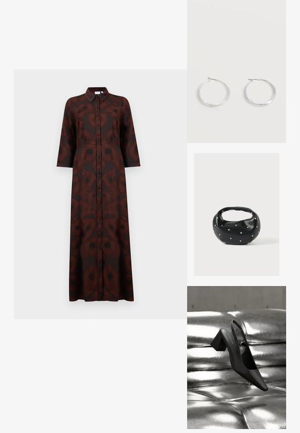 Lange knielange jurk met een abstract floral patroon in donkerbruin en zwart, lange mouwen en een puntige kraag.; Zwarte slingback hak met een puntige neus, voorzien van een getextureerd oppervlak en een stevige blokhak. Geplaatst tegen een glanzende, metallic achtergrond.; Zwarte leren handtas met een afgeronde vorm, versierd met zilveren studs, en een korte handgreep. Gladde textuur en ritsluiting.; Zilverkleurige metalen creolen oorbellen met een glad, licht gebogen oppervlak en sluitingen met haaksluiting op een effen witte achtergrond.