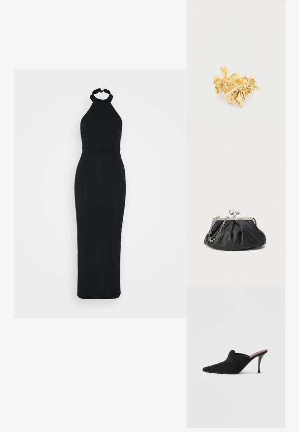 Robe noire à encolure halter avec un corsage ajusté et une jupe longue et élégante. Fabriquée dans un tissu lisse avec un léger éclat.; Mule noir à talon haut avec bout pointu, tissu doux à texture froncée sur le devant et talon aiguille fin.; Porte-monnaie en cuir noir avec texture froncée, cadre en métal argenté, fermeture à verrouillage kiss-lock et bandoulière en chaîne. Surface lisse et douce.; Bague florale en or présentant des fleurs et des feuilles détaillées avec une finition texturée, dévoilant une forme organique et un design sophistiqué.