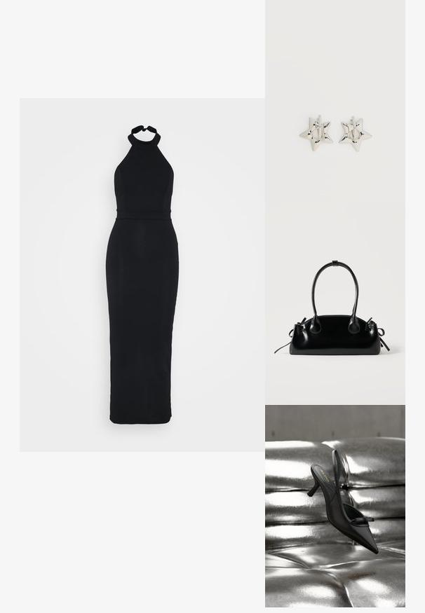 Schwarzes Halfterkleid mit einem figurnahen Oberteil und einem eleganten, bodenlangen Rock. Hergestellt aus einem glatten Stoff mit einem dezenten Glanz.; Schwarzer Slingback-Pumps mit spitzer Kappe und kleinem Schleifchen, der auf glänzend silbernem, getuftetem Lederpolster liegt.; Kleine schwarze glänzende Handtasche mit zwei langen Griffen und seitlichen Kordelzug-Details vor einfachem hellem Hintergrund.; Silberne, sternförmige Creolen mit einer glatten, polierten Oberfläche auf weißem, schlichtem Hintergrund.