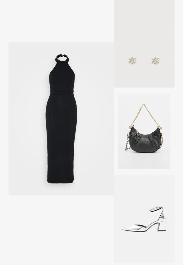 Schwarzes Halfterkleid mit einem figurnahen Oberteil und einem eleganten, bodenlangen Rock. Hergestellt aus einem glatten Stoff mit einem dezenten Glanz.; Silberfarbener Metallic-Schuh mit niedrigem Blockabsatz, spitzer Toe und Knöchelriemen mit Schnalle auf weißem Hintergrund.; Schwarze Lederhandtasche mit einem gerafften Design, ausgestattet mit einem Kettenriemen mit klaren und schwarzen Akzenten. Reißverschlussverschluss oben.; Ohrstecker in Sternform in Silber-Ton mit mehreren kleinen klaren Kristallen auf schlichtem weißem Hintergrund.