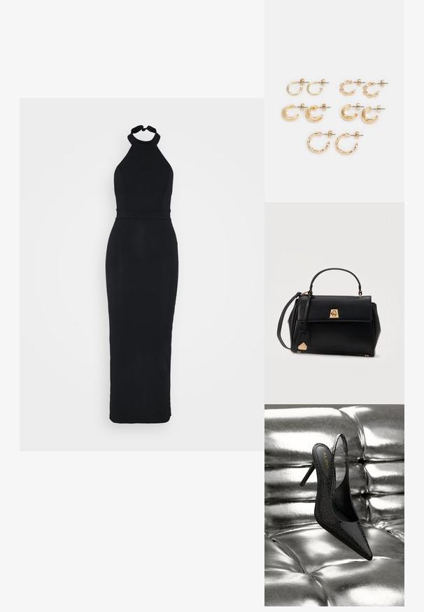 Robe noire à encolure halter avec un corsage ajusté et une jupe longue et élégante. Fabriquée dans un tissu lisse avec un léger éclat.; Chaussure à talon haut noire à texture de crocodile, bride arrière et bout pointu, posée sur une surface argentée brillante capitonnée.; Sac à main en cuir noir avec une poignée supérieure, fermeture à rabat avec fermoir doré, et bandoulière amovible sur fond blanc.; Ensemble de boucles d'oreilles dorées, comprenant différentes formes : petites créoles, croissants épais et accents de chaîne. Finitions lisses et texturées.