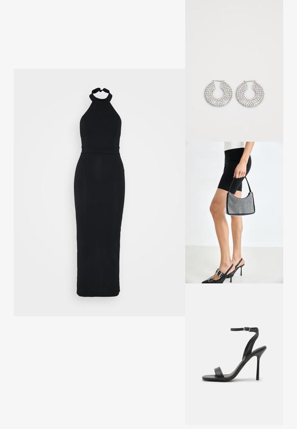 Schwarzes Halfterkleid mit einem figurnahen Oberteil und einem eleganten, bodenlangen Rock. Hergestellt aus einem glatten Stoff mit einem dezenten Glanz.; Schwarze High-Heels-Sandalen mit schlankem Knöchelriemen und zwei vorderen Riemen. Aus glattem Leder gefertigt, mit einer eleganten spitzen Zehenform und einem Stiletto-Absatz.; Schwarze Perlen-Handtasche mit geschwungener Silhouette, Tragegriff und glänzender Textur. Kombiniert mit schwarzen High Heels und enganliegenden schwarzen Shorts.; Silberne Creolen, verziert mit mehreren klaren Kristallverzierungselementen, mit einer strukturierten Oberfläche und einem offenen, kreisförmigen Design.
