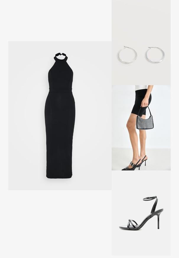 Schwarzes Halfterkleid mit einem figurnahen Oberteil und einem eleganten, bodenlangen Rock. Hergestellt aus einem glatten Stoff mit einem dezenten Glanz.; Schwarze Sandale aus Lackleder mit hohen Absätzen, dünnen Riemen über den Zehen und einem Knöchelriemen mit Schnalle auf weißem Hintergrund.; Schwarze Perlen-Handtasche mit geschwungener Silhouette, Tragegriff und glänzender Textur. Kombiniert mit schwarzen High Heels und enganliegenden schwarzen Shorts.; Silberne Metallcreolen mit glatter, leicht gebogener Oberfläche und Klappverschluss vor schlicht weißem Hintergrund.