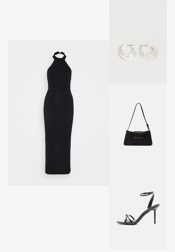 Schwarzes Halfterkleid mit einem figurnahen Oberteil und einem eleganten, bodenlangen Rock. Hergestellt aus einem glatten Stoff mit einem dezenten Glanz.; Schwarze Sandale aus Lackleder mit hohen Absätzen, dünnen Riemen über den Zehen und einem Knöchelriemen mit Schnalle auf weißem Hintergrund.; Schwarze Taschen aus Kunstleder mit rechteckiger Form, goldfarbenem Logo und einem verstellbaren Tragegurt. Verfügt über einen Klappenverschluss und ein elegantes Design.; Silberne Creolen mit drei geschichteten halbkreisförmigen Bändern, eines davon verziert mit kleinen klaren Kristallen auf hellem Hintergrund.