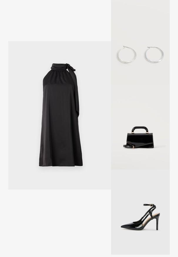 Must have musta ilma varrukat kleit siledast kangast, millel on kõrge kaelus ja pikad lipsud vasakul küljel, ning mis omab laia A-linja siluetti.; Mustast patendnahast kõrge kontsaga slingback kingad, millel on terav varvas, reguleeritav pahkluu rihm ja avatud küljed. Sile tekstuur.; Must läikiv ristkülikukujuline käekott ülemise sangaga, kuldsete detailide ja eemaldatava rihmaga, paigutatud lihtsale heledale taustale.; Hõbedased metallist rõngakujulised kõrvarõngad, millel on sile, kergelt kaarduv pind ja lukustuvad tagused kinnitused, valgel taustal.