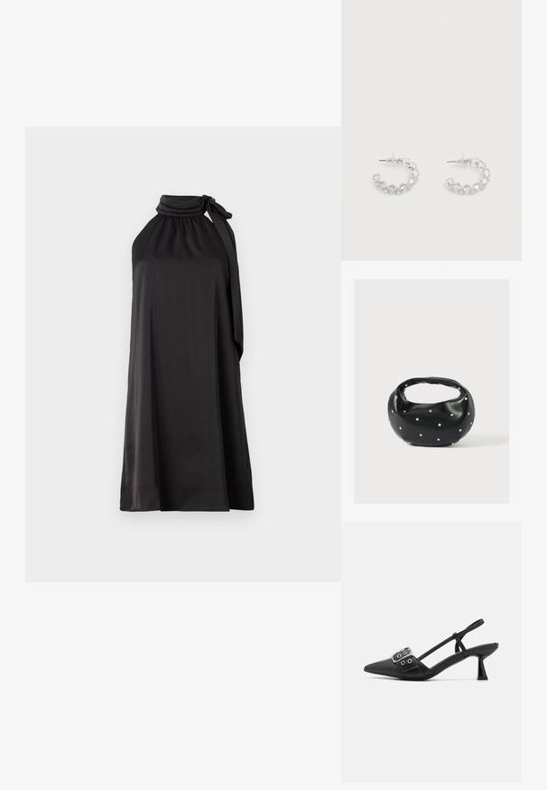Sort ærmeløs kjole lavet af glat stof med høj hals og lang bundet sløjfe på venstre side, med en løs A-line silhuet.; Simmi London DALA - Pumps - black; Sort læderhåndtaske med en rundet form, dekoreret med sølvnitter, og et kort håndtag. Glat tekstur og lynlåslukning.; Sølv creoler prydet med klare, facetslebne krystaller, med bagstykke og gennemsigtige ørestoppere på hvid baggrund.