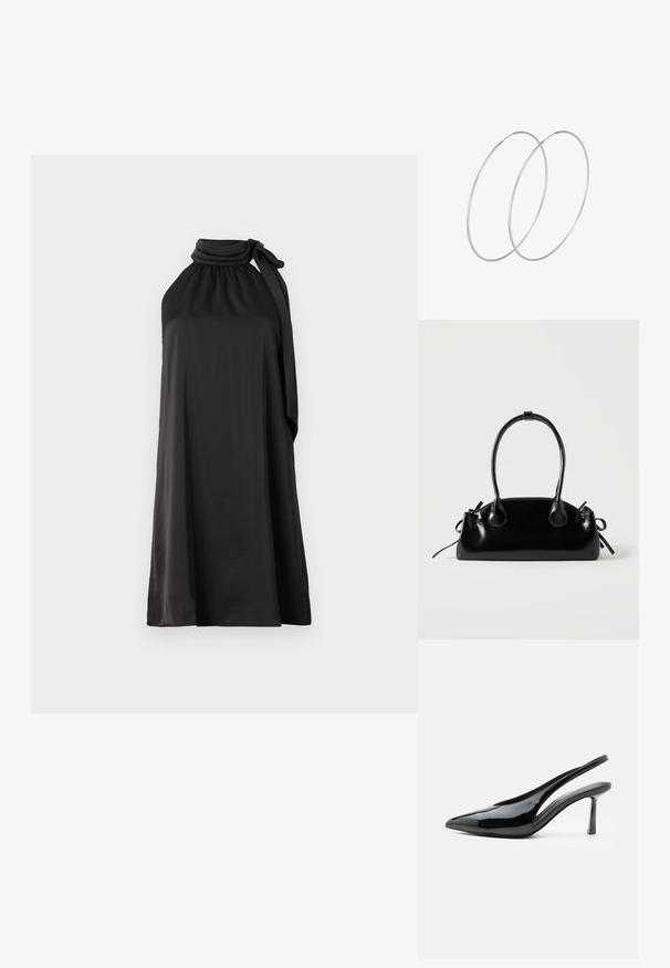 Vestido negro sin mangas, hecho de una tela suave con cuello alto y un lazo largo atado en el lado izquierdo, que presenta una silueta suelta en A.; Zapato de tacón alto tipo slingback de charol negro con punta puntiaguda y tacón stilettos delgado sobre fondo blanco.; Pequeño bolso negro brillante con dos asas largas y detalles de cordón lateral sobre un fondo claro liso.; Pendientes de aro plateados con un diseño minimalista. Forma circular, textura suave y perfil delgado. Livianos con un acabado pulido.