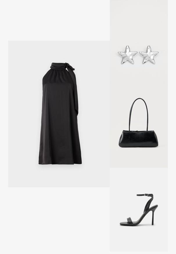 Schwarzes ärmelloses Kleid aus glattem Stoff mit hohem Kragen und langer, gebundener Schleife auf der linken Seite, das eine lockere A-Linien-Silhouette hat.; Schwarze High-Heels-Sandalen mit schlankem Knöchelriemen und zwei vorderen Riemen. Aus glattem Leder gefertigt, mit einer eleganten spitzen Zehenform und einem Stiletto-Absatz.; Schwarze rechteckige Schultertasche mit langen dünnen Trägern und einer glatten, glänzenden Textur auf einfarbigem Hintergrund.; Silberne sternförmige Ohrringe mit einer polierten, glänzenden Oberfläche. Jeder Ohrring hat fünf Spitzen und dezente Oberflächentexturdetails.