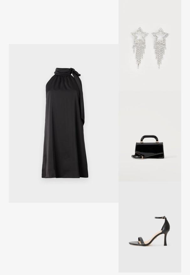 Robe noire sans manches en tissu lisse avec un col montant et un long nœud noué sur le côté gauche, présentant une silhouette A-line ample.; Sandale à talons hauts en cuir noir avec une fine bride de cheville, bout ouvert et un talon élégant et courbé. Semelle texturée et design minimaliste.; Sac à main rectangulaire noir brillant avec poignée supérieure, ferrures dorées et bandoulière amovible, posé sur un fond clair uni.; Boucles d'oreilles en strass en forme d'étoile avec des détails de franges en cascade, présentant une teinte argentée et une surface brillante et réfléchissante. Forme d'étoile avec un design complexe.