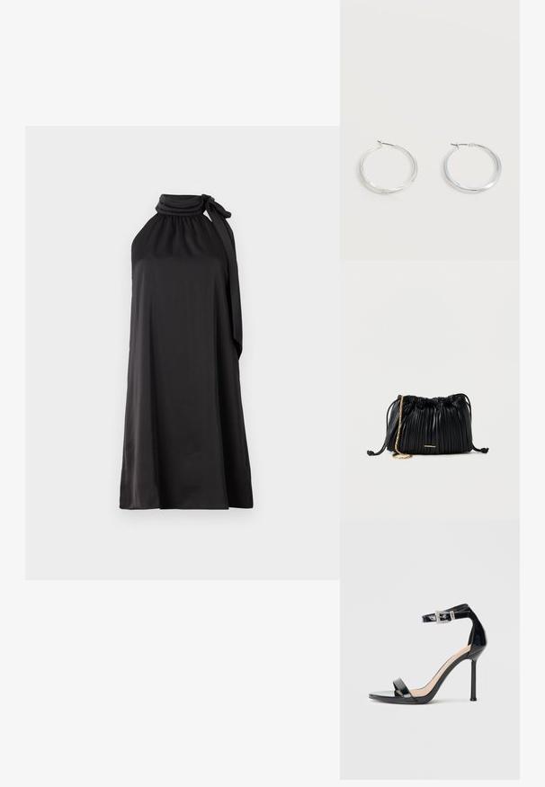 Schwarzes ärmelloses Kleid aus glattem Stoff mit hohem Kragen und langer, gebundener Schleife auf der linken Seite, das eine lockere A-Linien-Silhouette hat.; Schwarzer Riemchensandale aus Lackleder mit hohem Absatz und Knöchelriemen. Verfügt über ein minimalistisches Design, offene Zehenpartie und eine Schnalle mit Strassakzenten.; Schwarze, plissierte Ledertasche mit Kordelzug, goldener Kettenriemen und kleinem, horizontalem goldfarbenem Akzent auf der Vorderseite.; Silberne Metallcreolen mit glatter, leicht gebogener Oberfläche und Klappverschluss vor schlicht weißem Hintergrund.