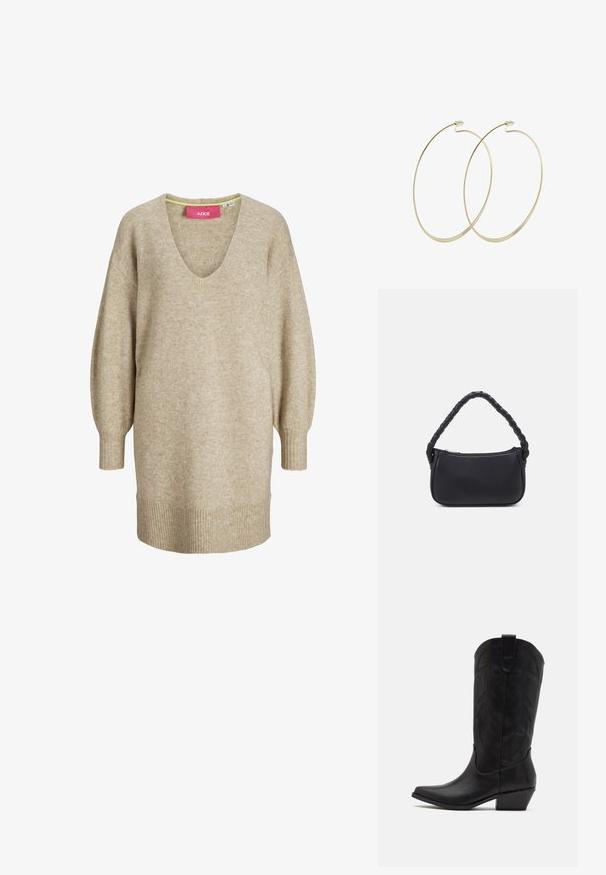 Vestido suéter de punto beige de manga larga con escote en V y puños y dobladillo acanalados, con un ajuste suelto y cómodo.; Bota de cowboy de cuero negro con puntera puntiaguda, tacón bajo y apilado, y un intrincado patrón de hojas grabado en el eje. Asa en la parte superior para facilitar el uso.; Bolso negro de forma redondeada, hecho de material liso. Presenta un asa trenzada y un cierre de cremallera para un almacenamiento seguro.; Pilgrim Pendientes - gold-coloured