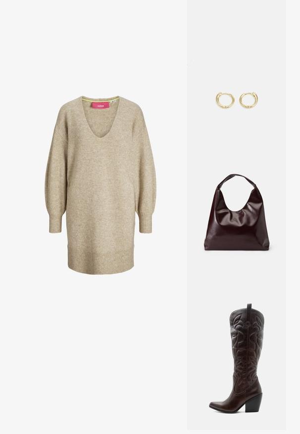 Vestido suéter de punto beige de manga larga con escote en V y puños y dobladillo acanalados, con un ajuste suelto y cómodo.; Bota vaquera alta de cuero marrón oscuro con patrones decorativos cosidos, punta puntiaguda y tacón de bloque apilado.; Bolso tote vegan de cuero brillante en burdeos, con una forma suave y escultórica y un asa ancha y curvada para facilitar el transporte.; Pendientes de aro de oro con un diseño suave y redondeado. Presentan un pequeño cierre de bisagra, apariencia ligera y un acabado pulido.