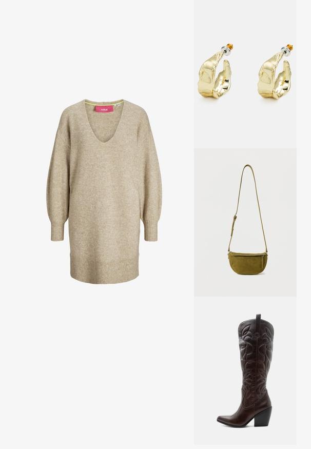 Vestido suéter de punto beige de manga larga con escote en V y puños y dobladillo acanalados, con un ajuste suelto y cómodo.; Bota vaquera alta de cuero marrón oscuro con patrones decorativos cosidos, punta puntiaguda y tacón de bloque apilado.; Bolso bandolera de ante verde oliva con correa ajustable y bolsillo frontal con cremallera sobre fondo blanco liso.; Pendientes en tono dorado con forma de manos abstractas, que presentan una superficie brillante, detalles intrincados y un poste de plata y oro para un ajuste seguro.