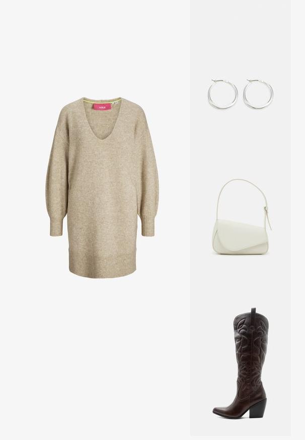 Vestido suéter de punto beige de manga larga con escote en V y puños y dobladillo acanalados, con un ajuste suelto y cómodo.; Bota vaquera alta de cuero marrón oscuro con patrones decorativos cosidos, punta puntiaguda y tacón de bloque apilado.; Bolso de mano de imitación cuero blanco con una forma triangular estructurada, correa ajustable única y cierre con solapa acentuada en curva.; Los pendientes de aro de plata presentan un diseño suave y redondeado con un perfil delgado y un cierre seguro. Estilo minimalista con un acabado pulido.