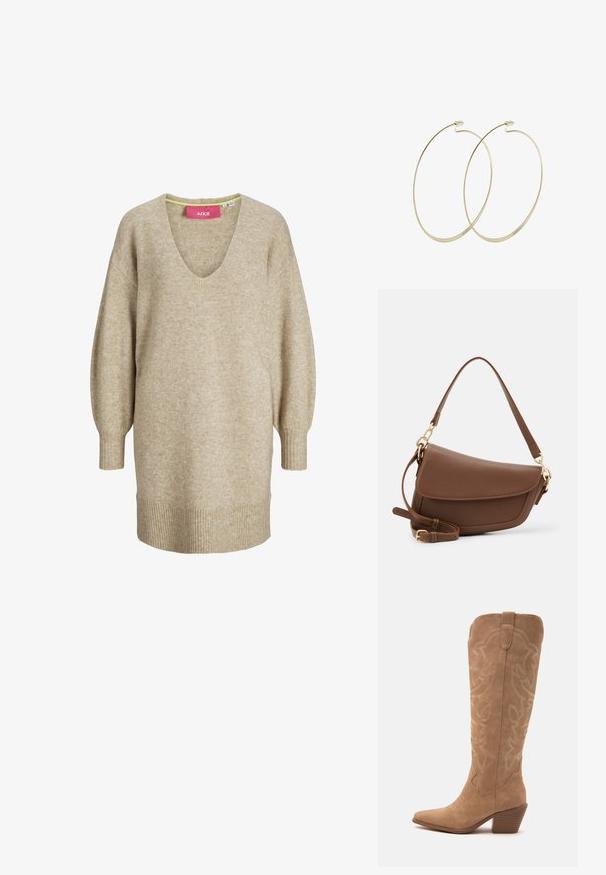 Robe pull beige à manches longues en maille, avec col en V et poignets et ourlet côtelés, offrant une coupe ample et confortable.; Botte cowboy en daim beige jusqu'au genou avec coutures décoratives, bout pointu, talon empilé de hauteur moyenne incliné et languette de tirage près du haut.; Sac à épaule en cuir marron avec une finition texturée, forme courbée, quincaillerie dorée, bandoulière réglable et fermeture à rabat.; Pilgrim Boucles d'oreilles - gold-coloured