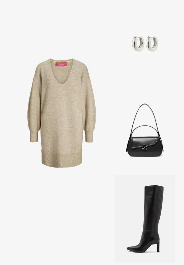 Robe pull beige à manches longues en maille, avec col en V et poignets et ourlet côtelés, offrant une coupe ample et confortable.; Bottes noires en cuir à talons aiguilles, montant jusqu'au genou, avec une pointe fine et une texture lisse. Le talon est de style bloc, ajoutant de la stabilité au design.; Sac à bandoulière en cuir noir avec un rabat incurvé fermé par un fermoir métallique rond et une sangle fine et ajustable.; Boucles d'oreilles en argent avec un design lisse et arrondi et une finition brillante. Dotées d'une fermeture à charnière simple pour un enfilage facile.
