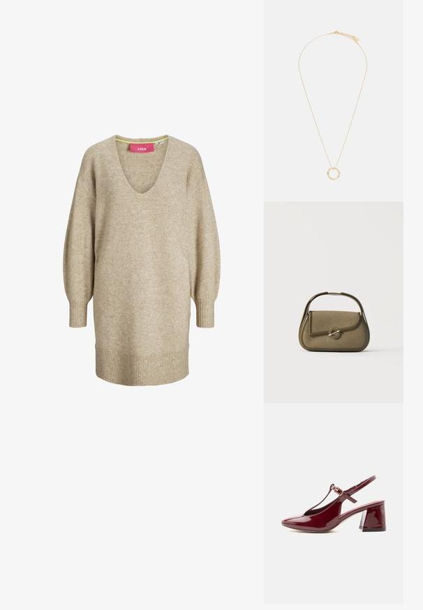 Beige strikket kjole med lange ærmer, V-hals samt ribbet kant og manchetter, med en løs og behagelig pasform.; Blank bourgogne slingback dame sko med blok hæl, spids snude og T-rem med en guldbøjle.; Lille olivengrøn håndtaske med afrundede kanter, et topgreb og en klaplukning sikret med en cirkulær metalbeslag.; Guld-tonet metal halskæde med en tynd kæde og en cirkulær vedhæng med et snoet design. Justerbar længde med klipslås.