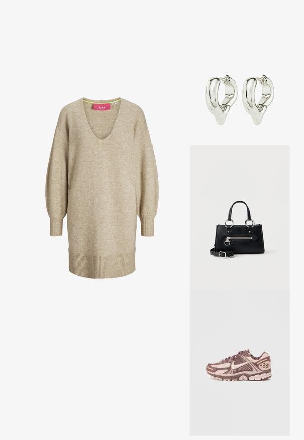 Beige gebreide jurk met lange mouwen, V-hals en geribbelde manchetten en zoom, met een losse, comfortabele pasvorm.; Lichte hardloopschoenen met een mesh bovenwerk in roze en bruine tinten, met gestructureerde accenten en een ontworpen zool met demping.; Zwarte leren handtas met zilverkleurige ritstaspocket en ringvormige ritstreker, dubbele handvatten met zilveren ringen en afneembare gesp schouderriem.; Zilveren oorbellen in hoefijzervorm, met een glad en gepolijst ontwerp, een organische vorm en een open midden, met een glanzende metalen textuur.