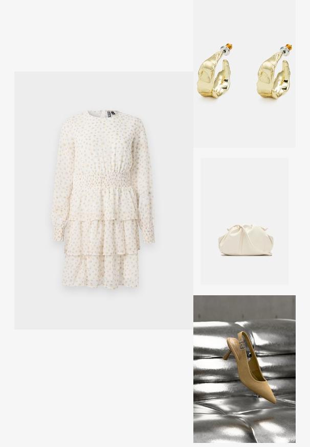 Laagjesjurk in lichtcrème met een klein beiger bloemenpatroon. Heeft lange mouwen en een smock-elastische tailleband voor een aansluitende pasvorm.; Beige suède slingback kitten heel schoen met een zilveren gesp, gepositioneerd boven een glanzend metalen getuft oppervlak.; Zachte, crèmekleurige leren clutch met geplooid, gerimpeld ontwerp en een dunne schouderriem die vooraan op een effen achtergrond ligt.; Goudkleurige oorbellen in de vorm van abstracte handen, met een glanzend oppervlak, ingewikkelde details en een zilver- en goudkleurige post voor een veilige bevestiging.