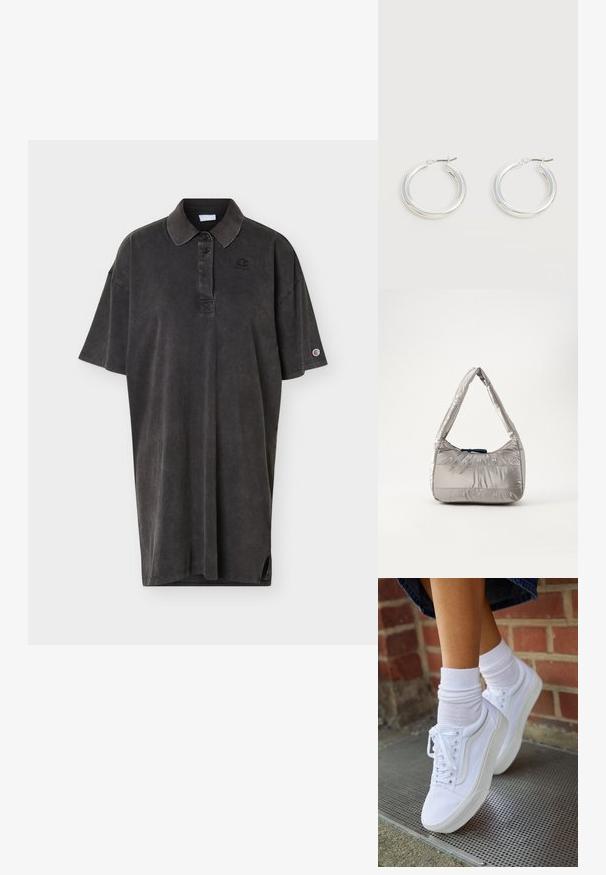 Zwart oversized poloshirt met korte mouwen, twee knopen bij de hals, klein logo op de borst en logopatch op de linker mouw.; Witte canvas sneakers met rubberen zolen, voorzien van zes vetertjes, een ronde neus en lichte stikdetails, gecombineerd met witte enkelsokken.; Zilveren puffer handtas met een gebogen silhouet, voorzien van een ritsluiting en met het reliëf 'TOMMY JEANS' logo aan de voorkant. Glad, glanzend oppervlak.; Een paar middelgrote glanzende zilveren oorringen met dunne metalen sluitingen op een lichte neutrale achtergrond.